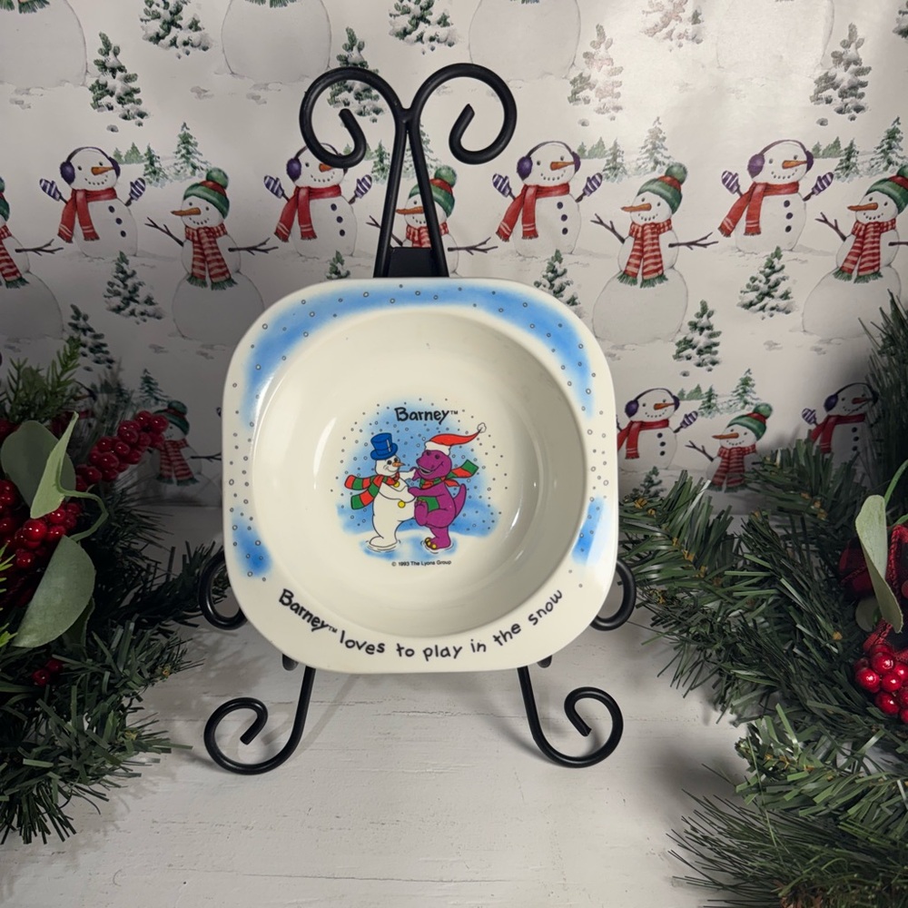 The Vintage Barney Loves To Play In The Snow Plastic Cereal Bowl from 1993